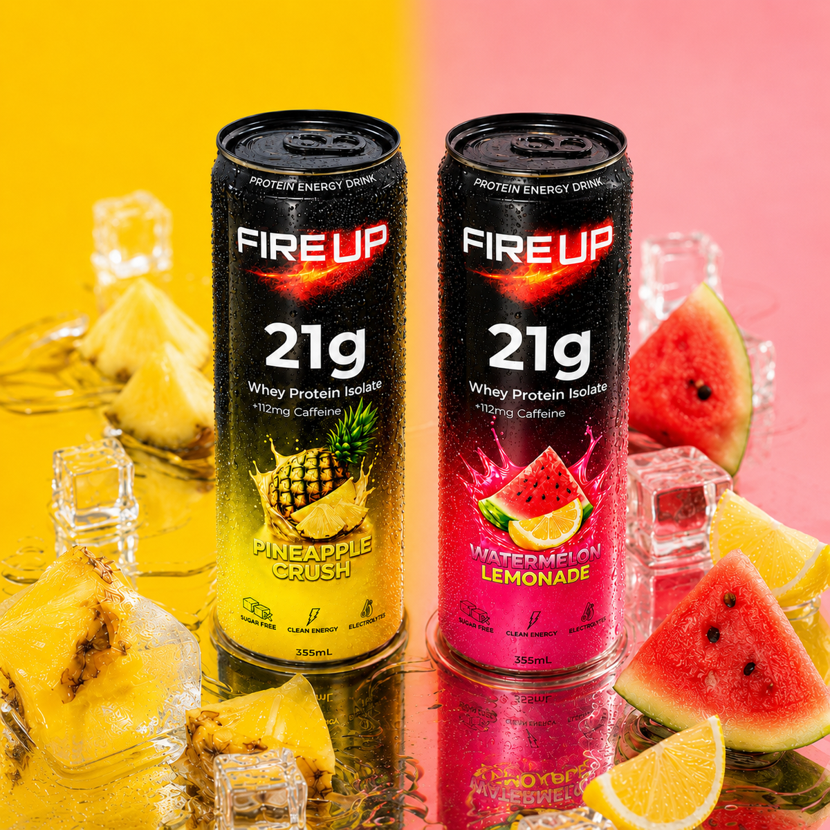 Fire Up Watermelon Lemonade and Pineapple Crush 355mL cans on ice
